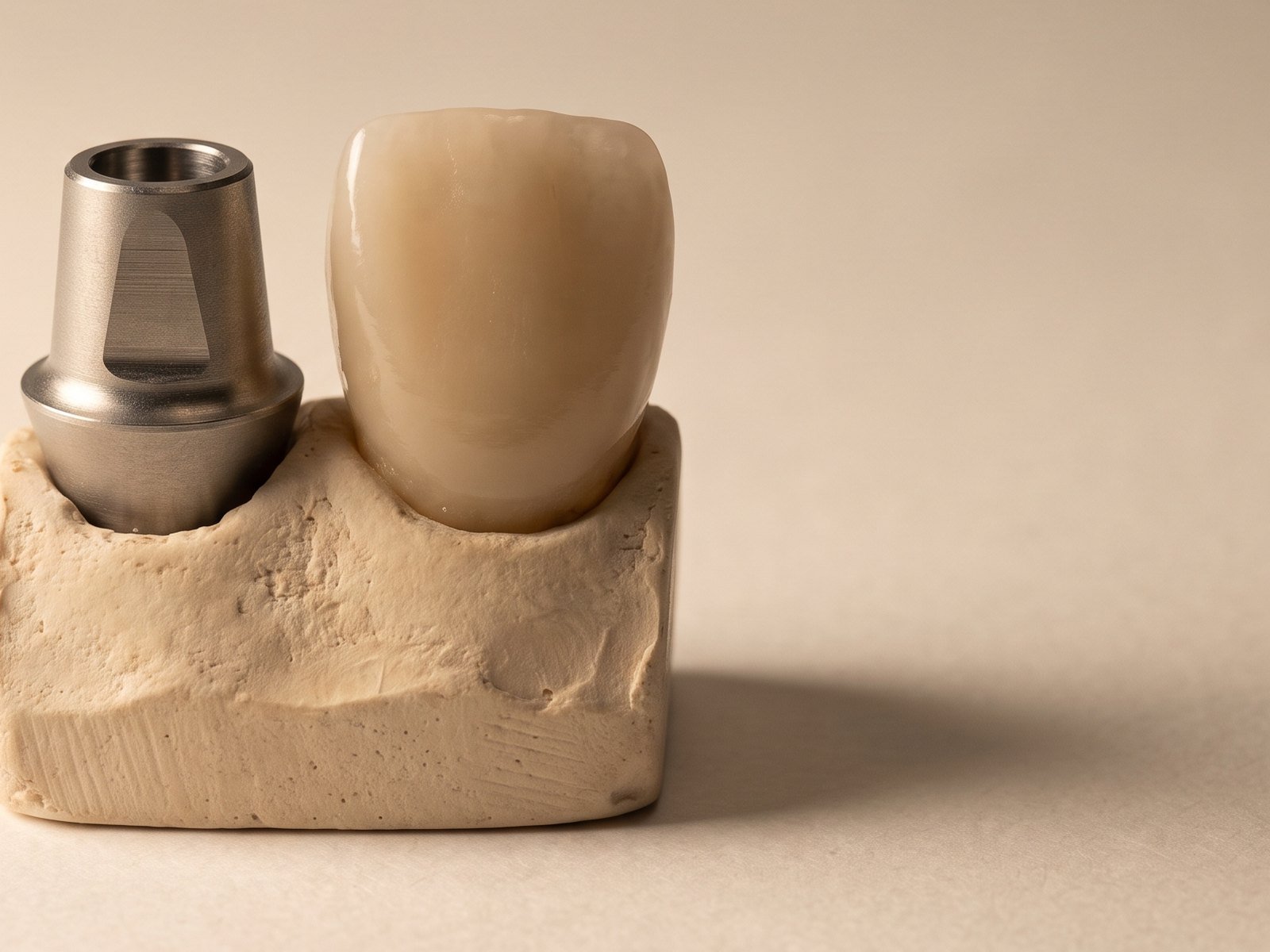 Individueller Implantataufbau neben der zugehörigen Krone auf einem Modellsegment.