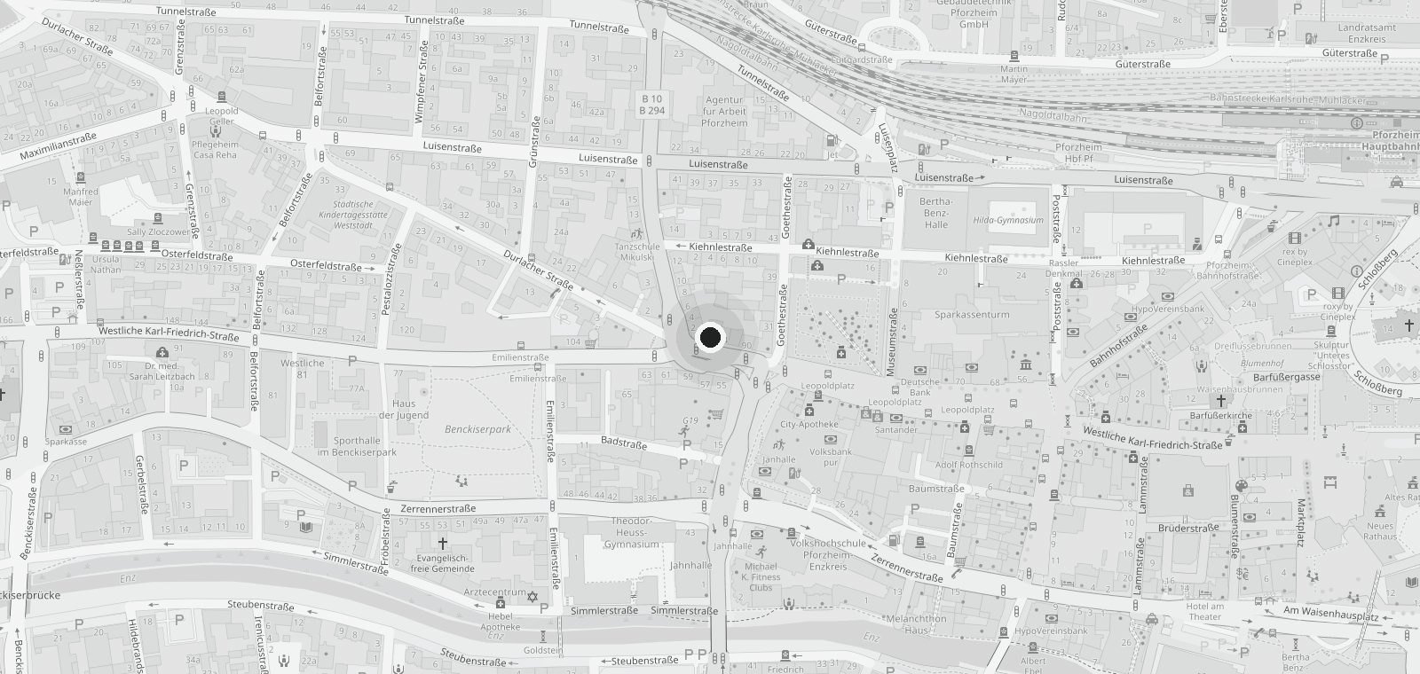 Kartenausschnitt der Pforzheimer Innenstadt. Das Labor liegt an der Westlichen Karl-Friedrich-Straße 96, wenige Schritte westlich der Schlössle Galerie.